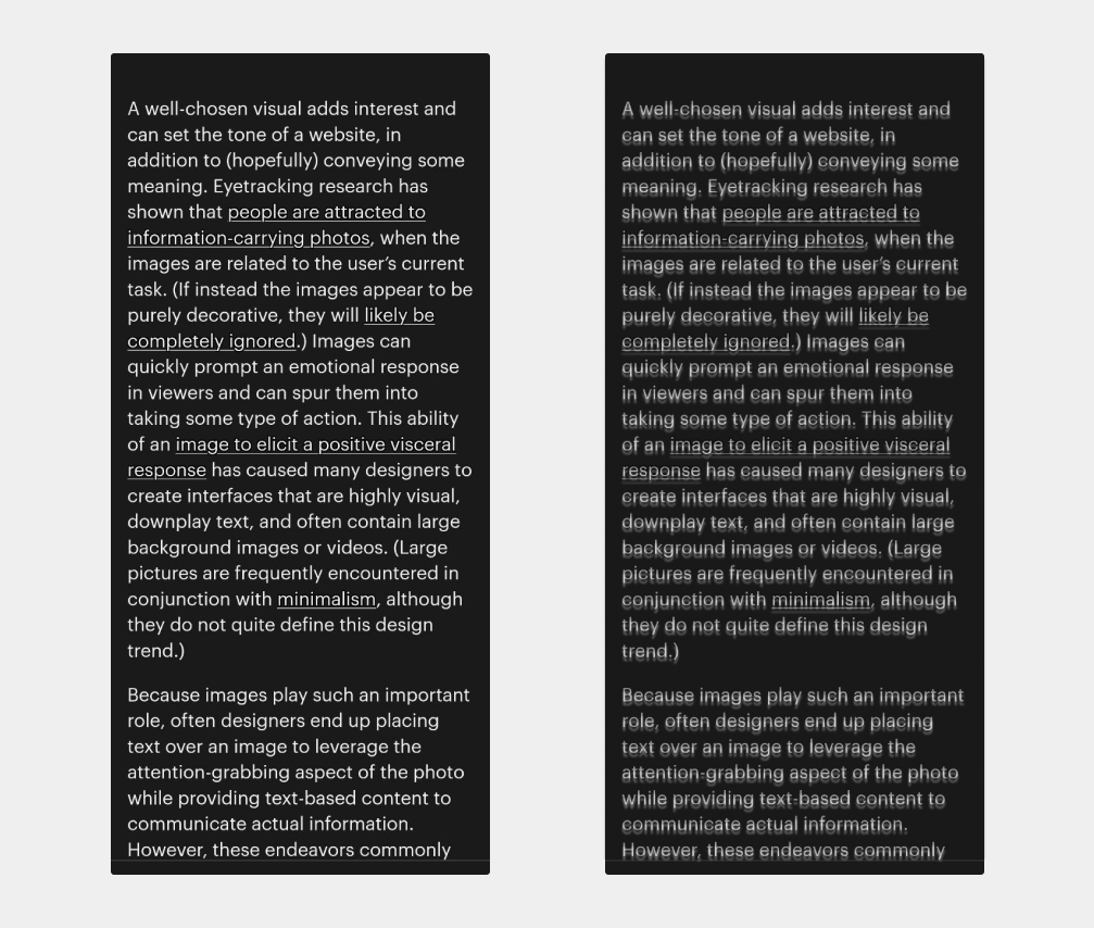 Two screens show two ways to see the white text on the black background.