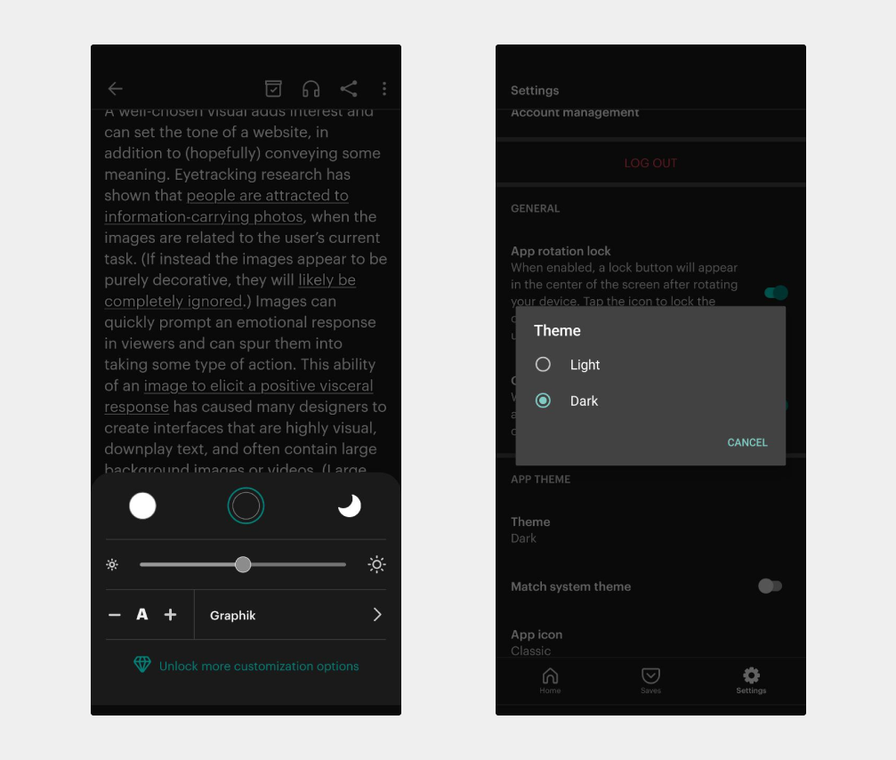 Two Pocket app screens show display settings. The first screen offers light, dark, and system theme options. The second screen displays light and dark themes in a modal window.