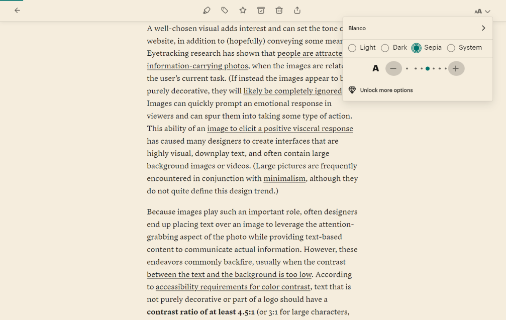 Pocket with sepia mode in the browser.