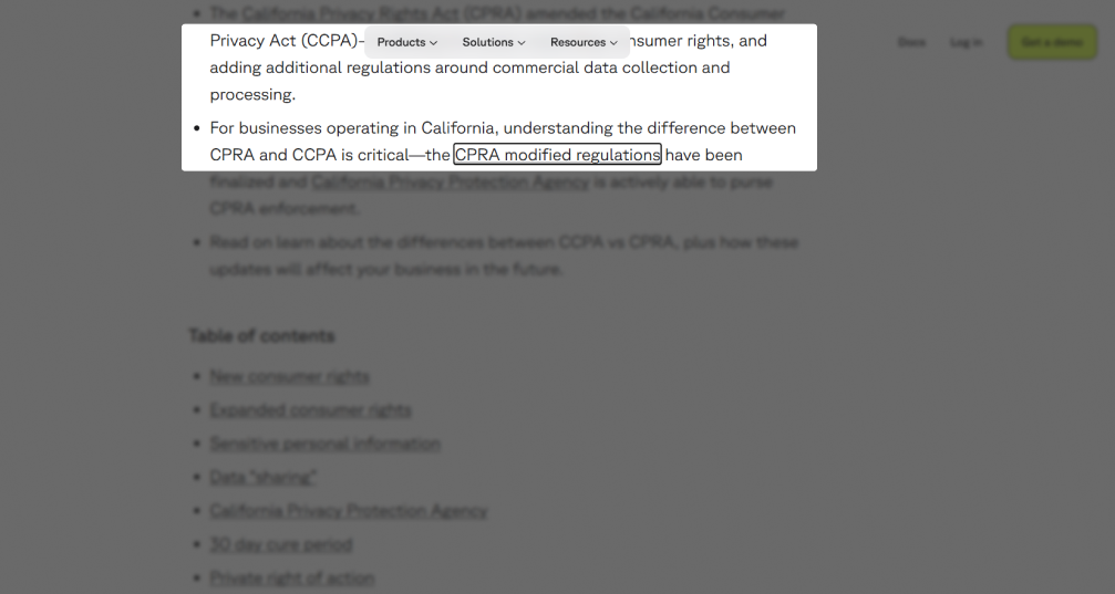 The sticky navigation with three items is placed at the top of the page. The element obscures a part of text. The “CPRA modified regulations” link is outlined with a black border and isn’t obscured by the overlay.