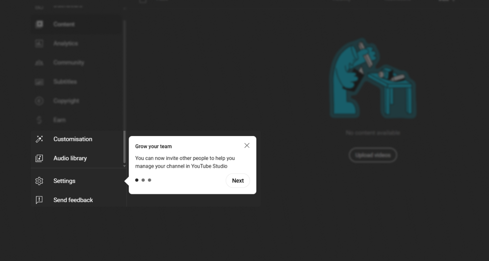 The tooltip with hints on team collaboration is expanded close to the side navigation. The tooltip’s tail points to the “Settings” item. There’s no other interactive elements next to or below the tooltip.