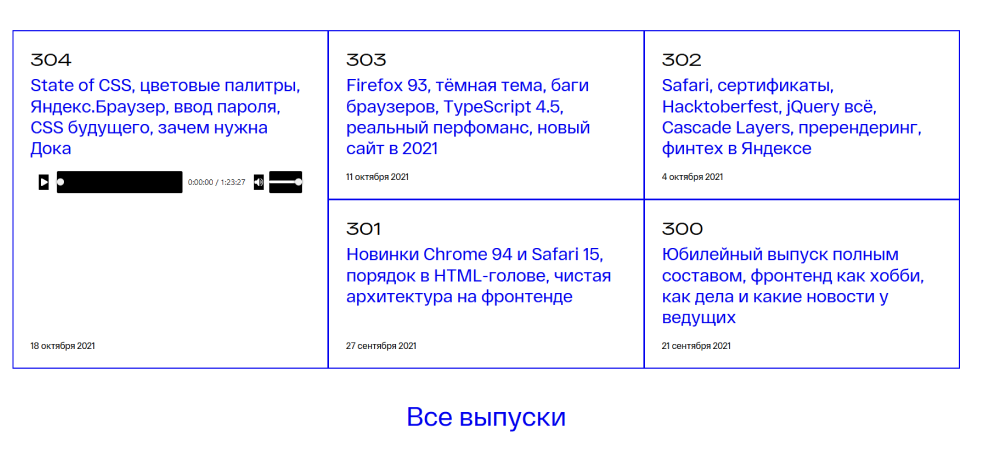 Список последних эпизодов подкаста «Веб-стандарты».